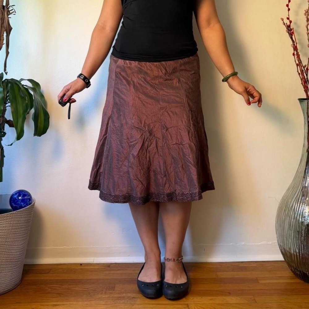 Vintage 90s Brown 100% Silk Beaded Midi Skirt A-Line Boho Large